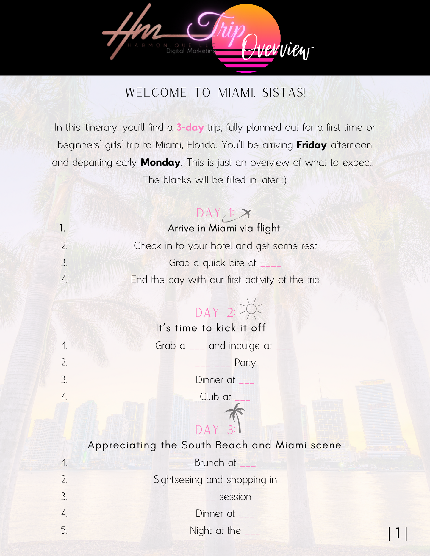 Miami Beginner's Girls' Trip Premade Itinierary | 21+ | Downloadable | Instant Access