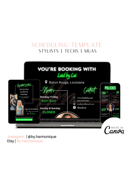 Scheduling Template for Hairstylists | Nail Techs | MUAs | Braiders | Locticians | Women | Neon Green | Minimalist | Editable | Instant Digital Download