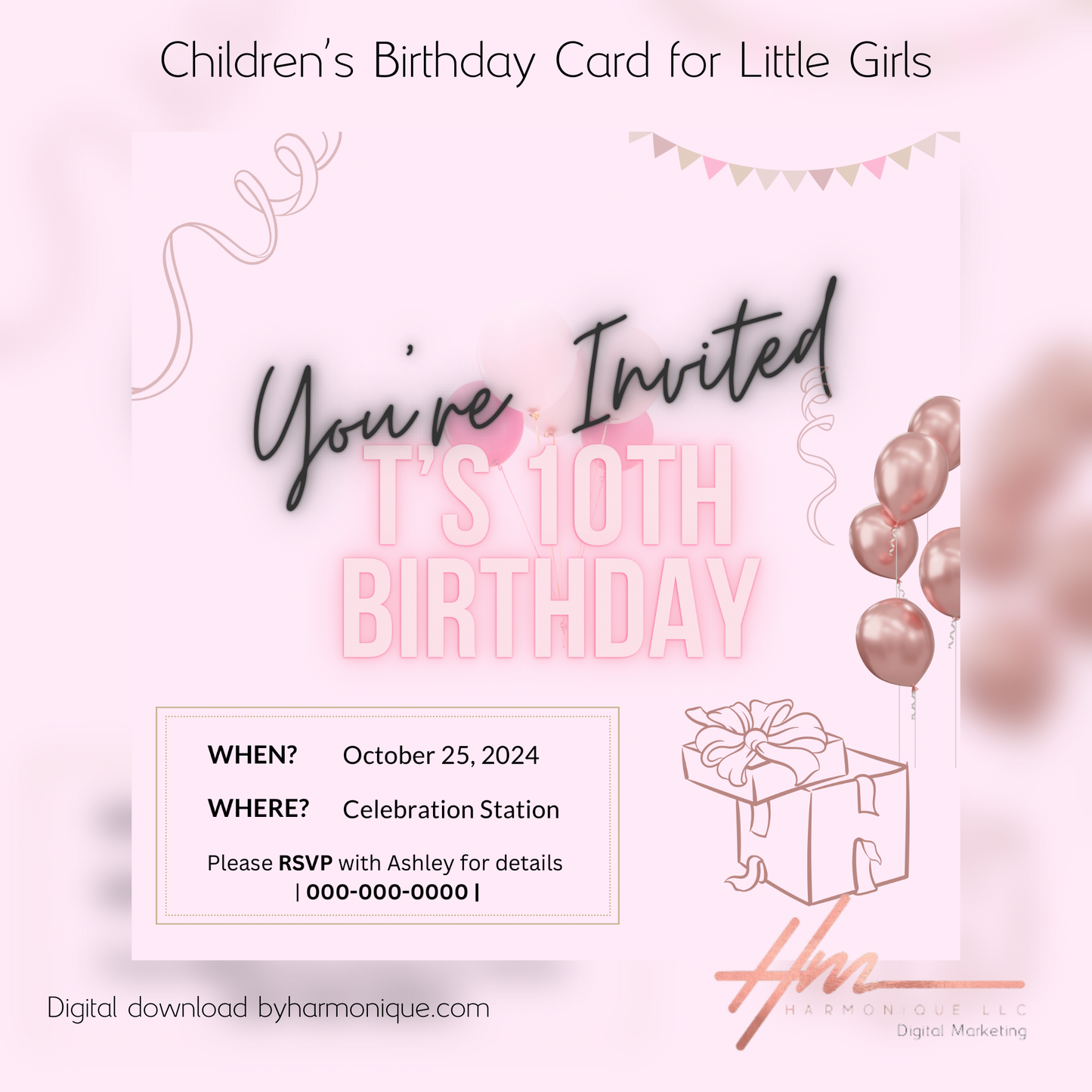 Cute Pink Birthday Card for Little Girls | Instant Digital Download